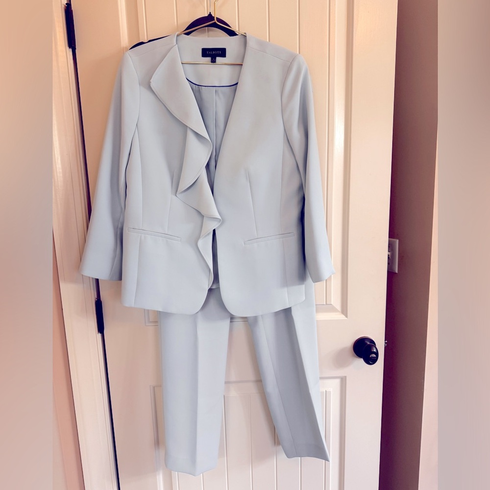 Talbots light blue blazer with ruffled front and matching straight leg pants.